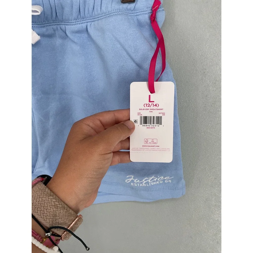 Justice Girls Sweatshorts Sail Blue Fleece Elastic Waist Logo L 12/14 NWT